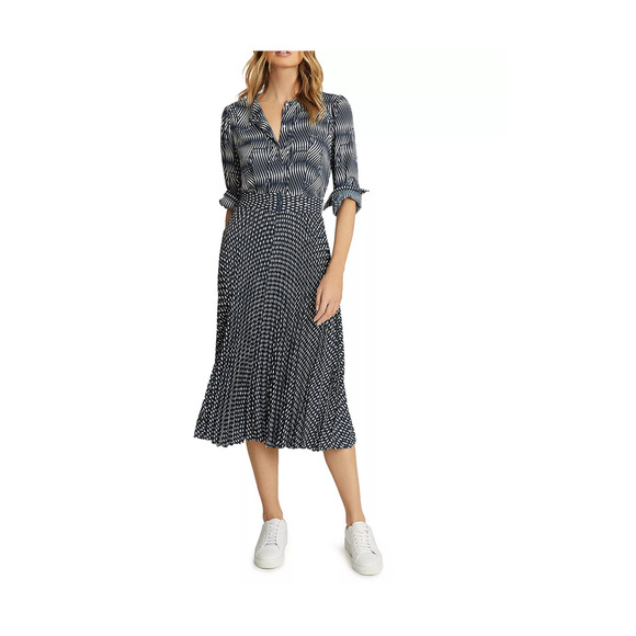 REISS Ina Mixed Print Midi Dress Blue/White Size 10US 14UK